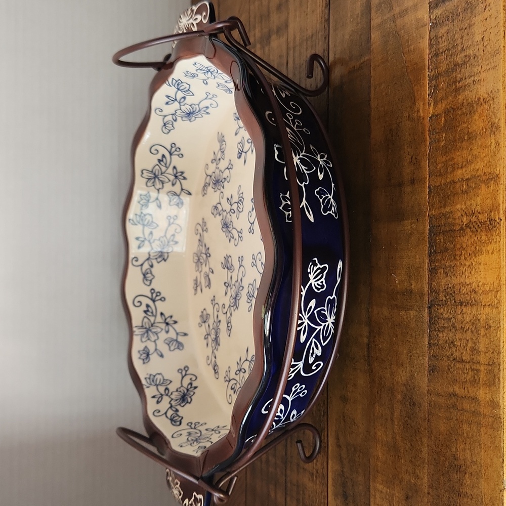 Temp-Tations Floral Lace Blue Ceramic Dish with Stand